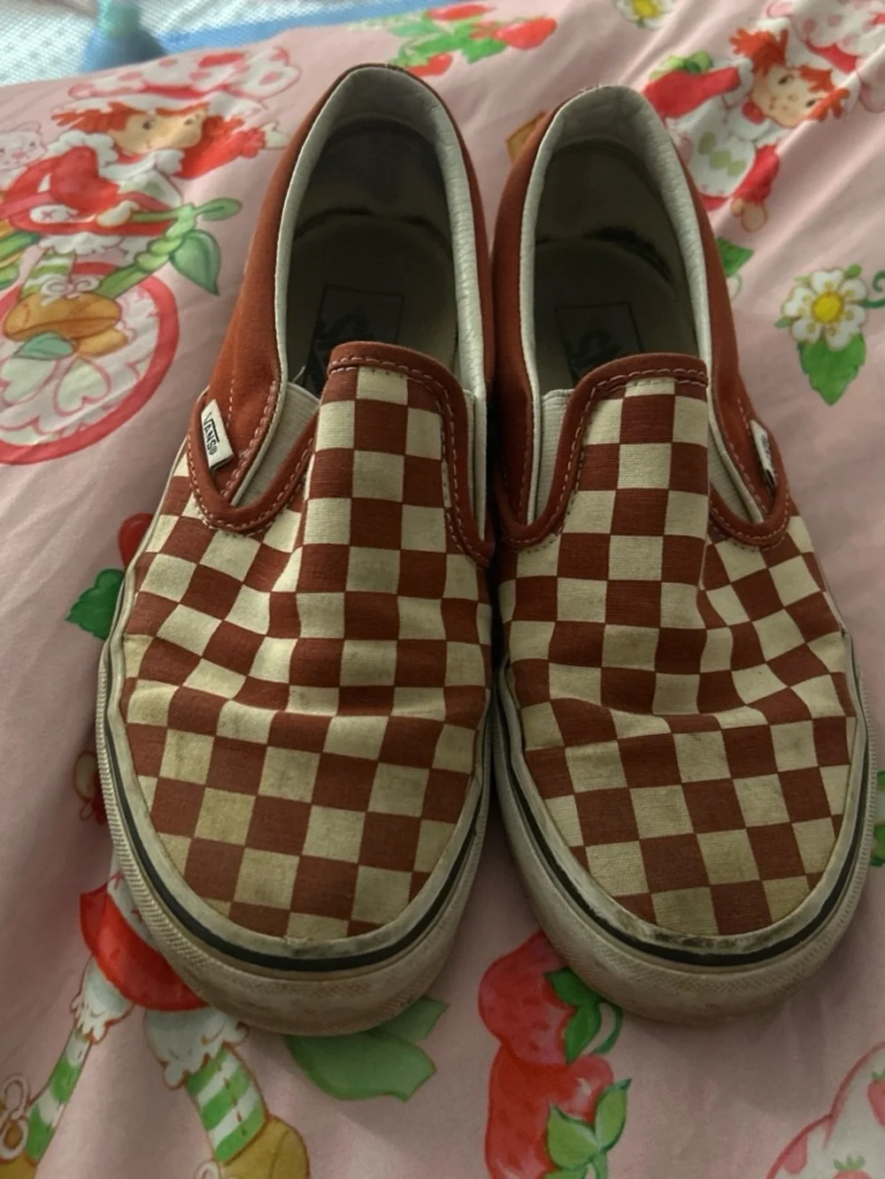 Vans Slip-On Checkerboard Sneakers in Red and White
